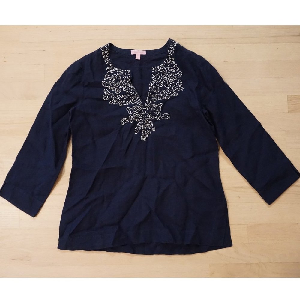 Lilly Pulitzer Navy Blue Embroidered V-Neck Top